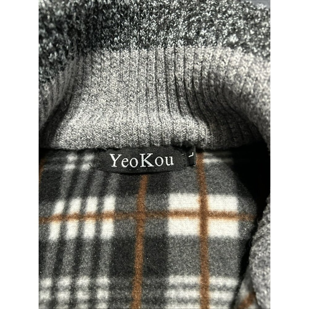 Yeokou Sweater Men L Cashmere Wool Blend Flannel Lined Gray Full Zip Cardigan - Picture 2 of 5